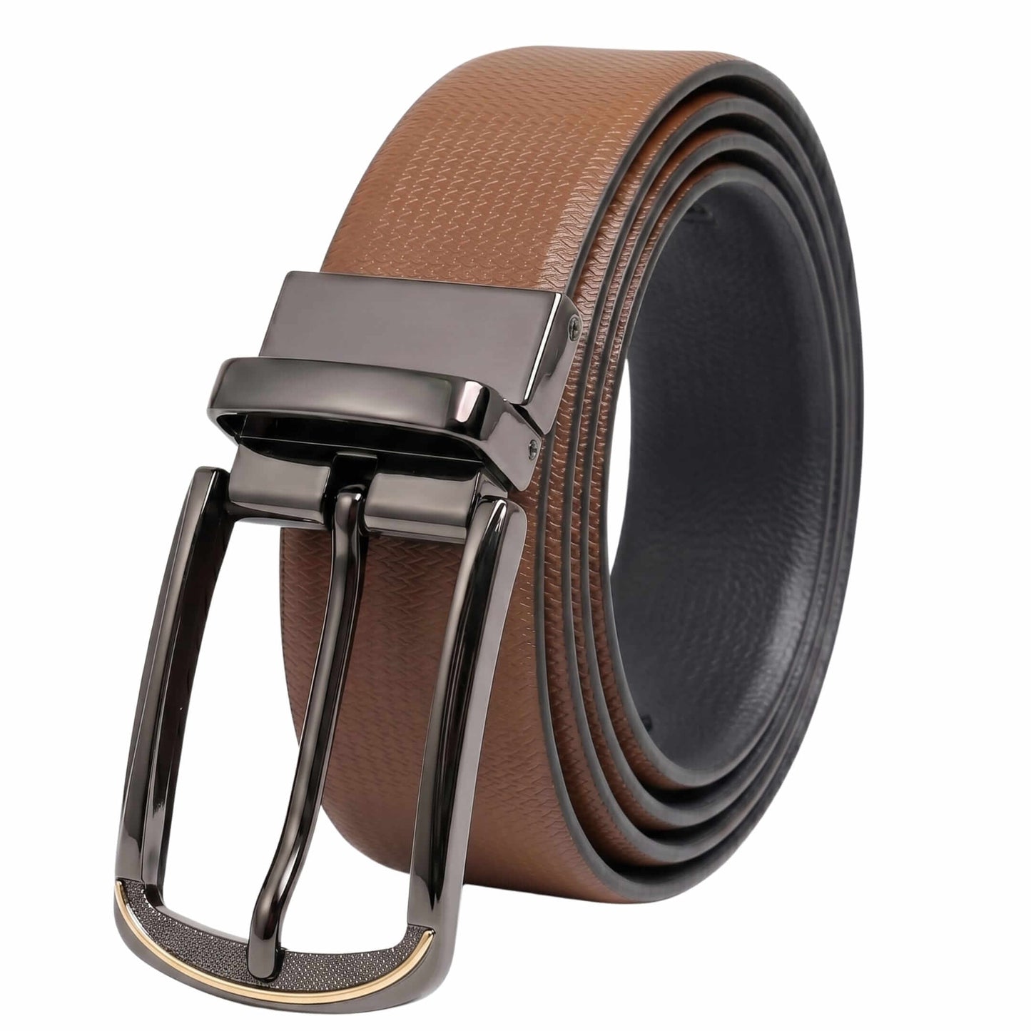 Mens 100% Genuine Leather Belt - SIGNORA Micro-Grain, ARQON Gold-Trim Gunmetal Pin Buckle (Brown & Black Reversible) — Leather Belts for Men | THE MEN THING