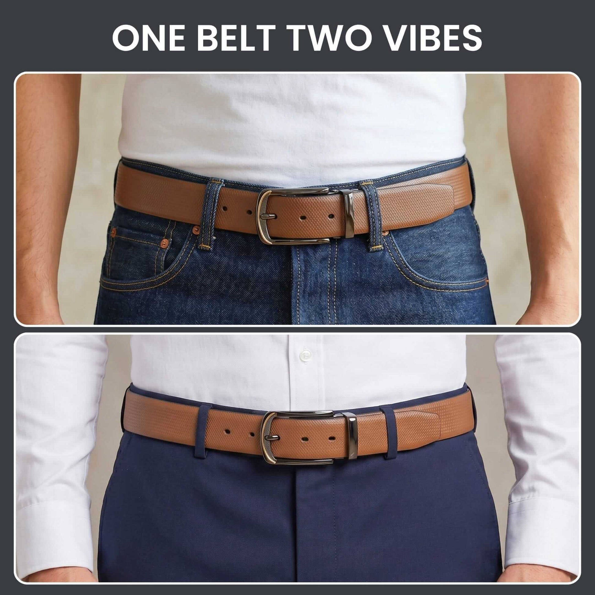 Mens 100% Genuine Leather Belt - SIGNORA Micro-Grain, ARQON Gold-Trim Gunmetal Pin Buckle (Brown & Black Reversible) — Leather Belts for Men | THE MEN THING