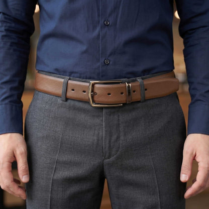 Mens 100% Genuine Leather Belt - SIGNORA Micro-Grain, LATCHIX Slim Gunmetal Pin Buckle (Brown & Black Reversible) — Leather Belts for Men | THE MEN THING