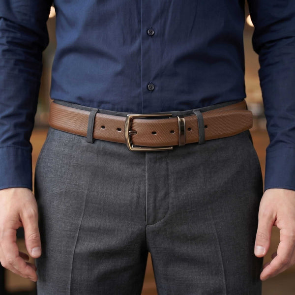 Mens 100% Genuine Leather Belt - SIGNORA Micro-Grain, LATCHIX Slim Gunmetal Pin Buckle (Brown & Black Reversible)