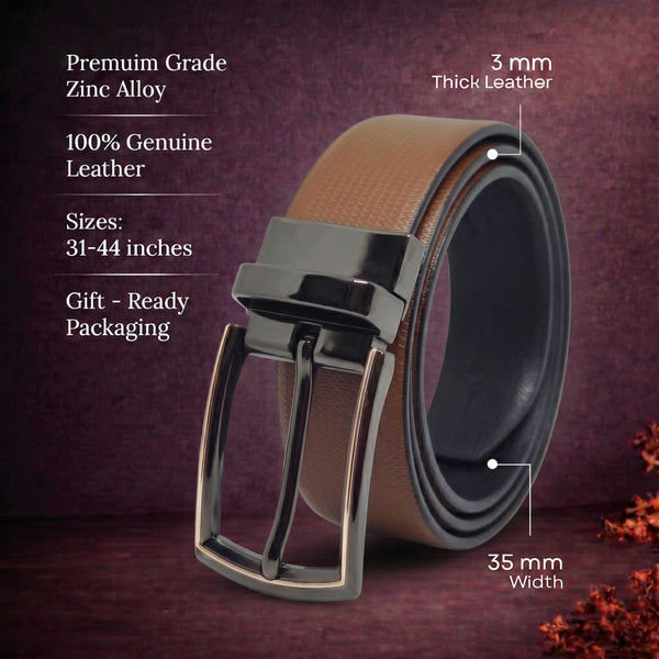Mens 100% Genuine Leather Belt - SIGNORA Micro-Grain, LATCHIX Slim Gunmetal Pin Buckle (Brown & Black Reversible)