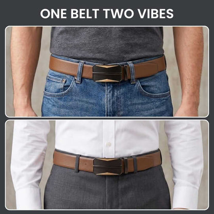 Mens 100% Genuine Leather Belt - SIGNORA Micro-Grain, RATCHOR Gold-Accent Auto-Lock Buckle (Brown & Black Reversible) — Leather Belts for Men | THE MEN THING