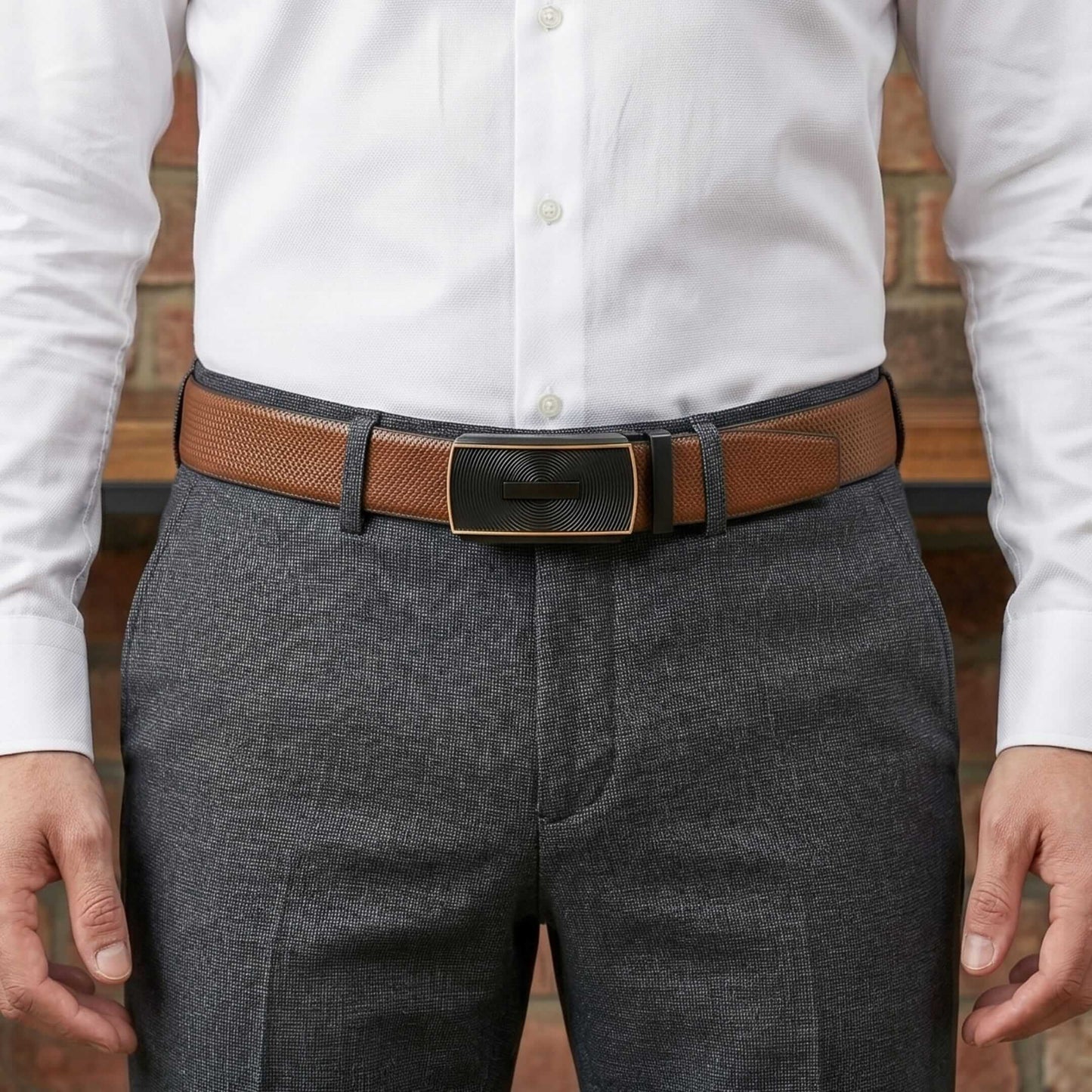 Mens 100% Genuine Leather Belt - SIGNORA Micro-Grain, SNAPTOR Gold-Bar Auto-Lock Buckle (Brown & Black Reversible) — Leather Belts for Men | THE MEN THING