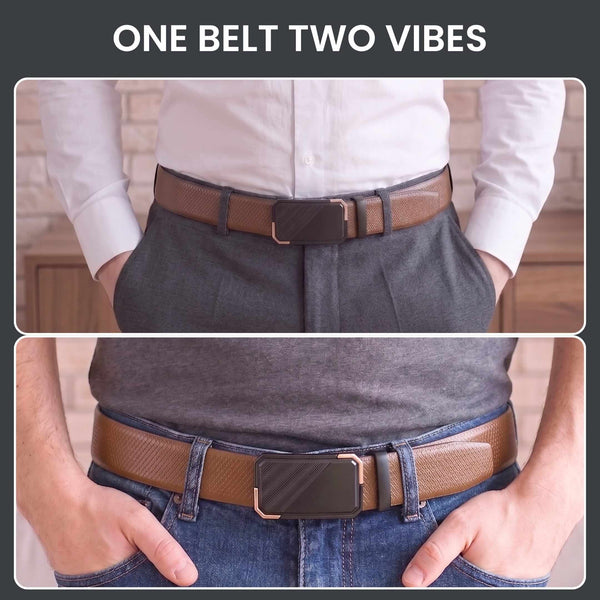 Mens 100% Genuine Leather Belt - SIGNORA Micro-Grain, BELVARO Gloss Gold-Frame Auto-Lock Buckle (Brown & Black Reversible)