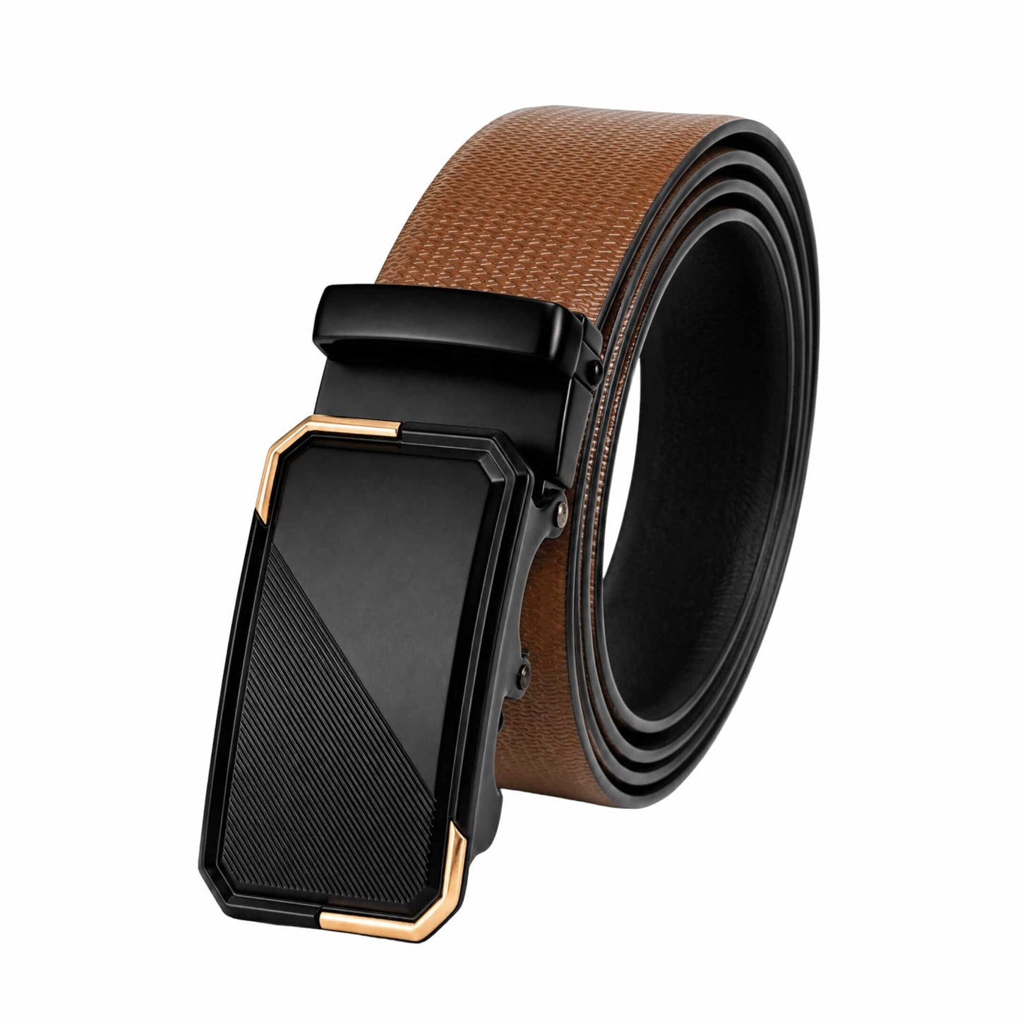 Mens 100% Genuine Leather Belt - SIGNORA Micro-Grain, BELVARO Gloss Gold-Frame Auto-Lock Buckle (Brown & Black Reversible) — Leather Belts for Men | THE MEN THING