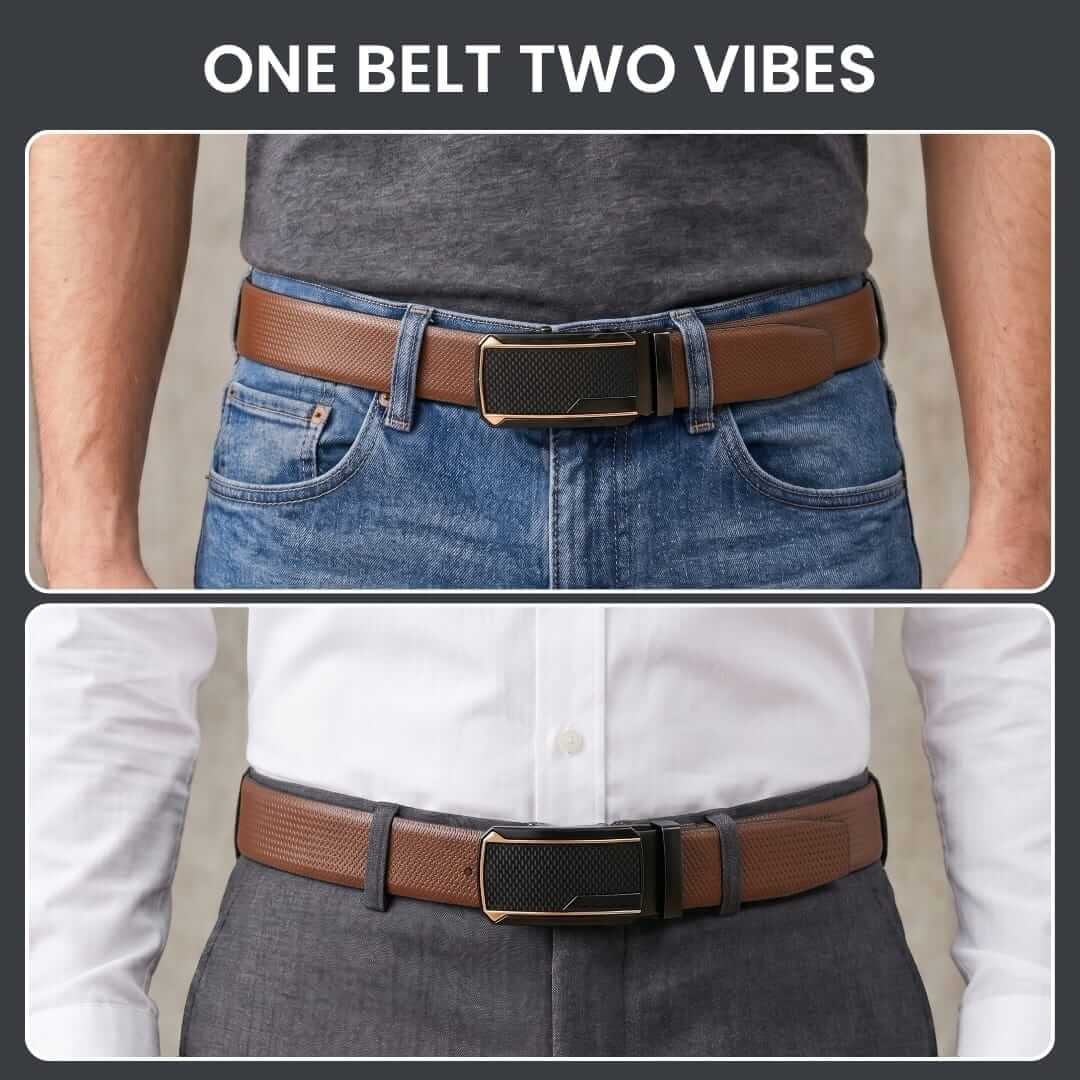 Mens 100% Genuine Leather Belt - SIGNORA Micro-Grain, KINGVAR Carbon-Texture Auto-Lock Buckle (Brown & Black Reversible) — Leather Belts for Men | THE MEN THING