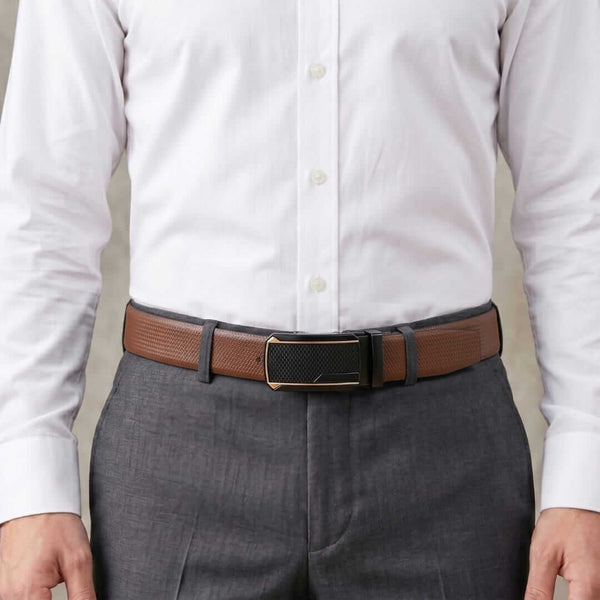 Mens 100% Genuine Leather Belt - SIGNORA Micro-Grain, KINGVAR Carbon-Texture Auto-Lock Buckle (Brown & Black Reversible)
