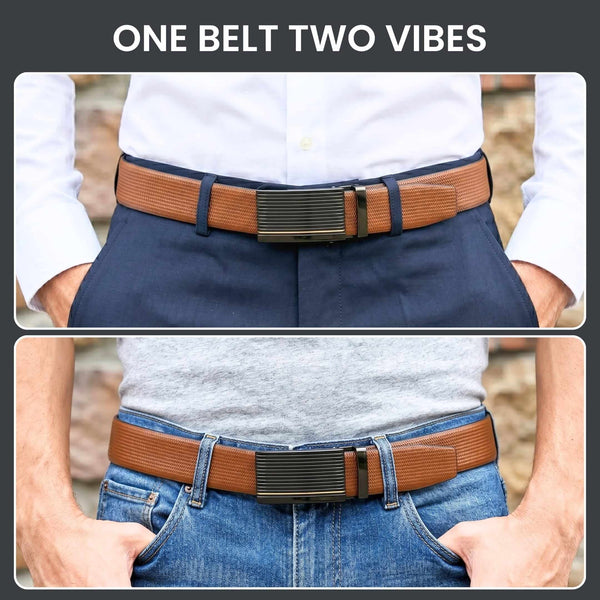 Mens 100% Genuine Leather Belt - SIGNORA Micro-Grain, DRAKO Ribbed Auto-Lock Buckle (Brown & Black Reversible)