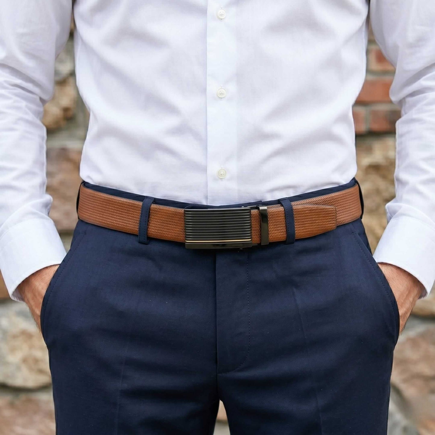 Mens 100% Genuine Leather Belt - SIGNORA Micro-Grain, DRAKO Ribbed Auto-Lock Buckle (Brown & Black Reversible) — Leather Belts for Men | THE MEN THING