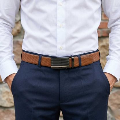 Mens 100% Genuine Leather Belt - SIGNORA Micro-Grain, DRAKO Ribbed Auto-Lock Buckle (Brown & Black Reversible) — Leather Belts for Men | THE MEN THING