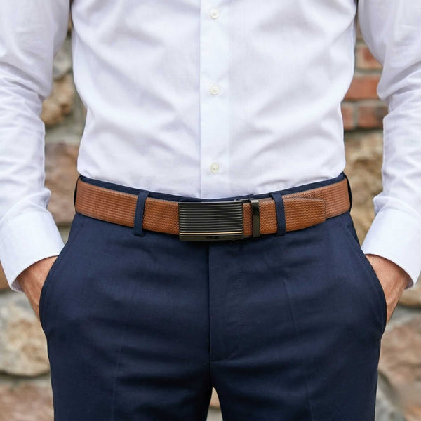 Mens 100% Genuine Leather Belt - SIGNORA Micro-Grain, DRAKO Ribbed Auto-Lock Buckle (Brown & Black Reversible)