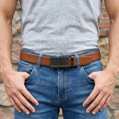 Mens 100% Genuine Leather Belt - SIGNORA Micro-Grain, DRAKO Ribbed Auto-Lock Buckle (Brown & Black Reversible) — Leather Belts for Men | THE MEN THING