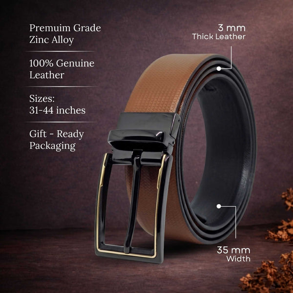 Mens 100% Genuine Leather Belt - SIGNORA Micro-Grain, CYRON Gold-Edge Gunmetal Pin Buckle (Brown & Black Reversible)