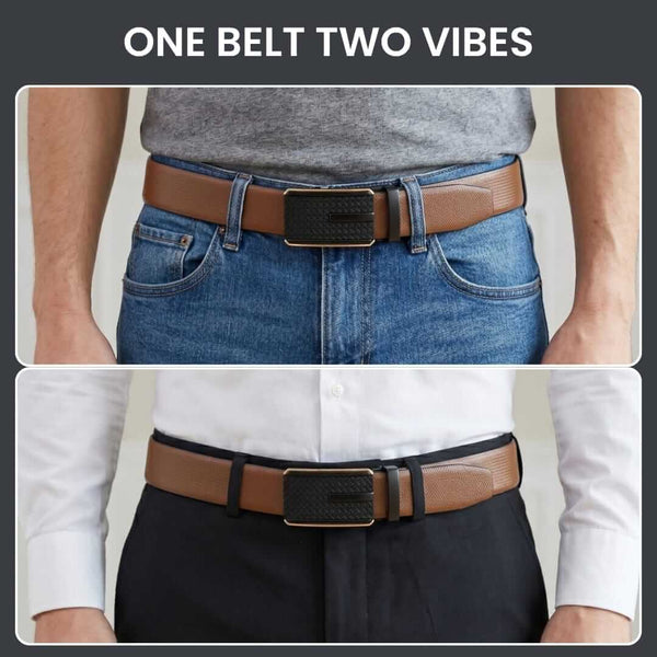 Mens 100% Genuine Leather Belt - SIGNORA Micro-Grain, KRYPT Basket-Weave Auto-Lock Buckle (Brown & Black Reversible)