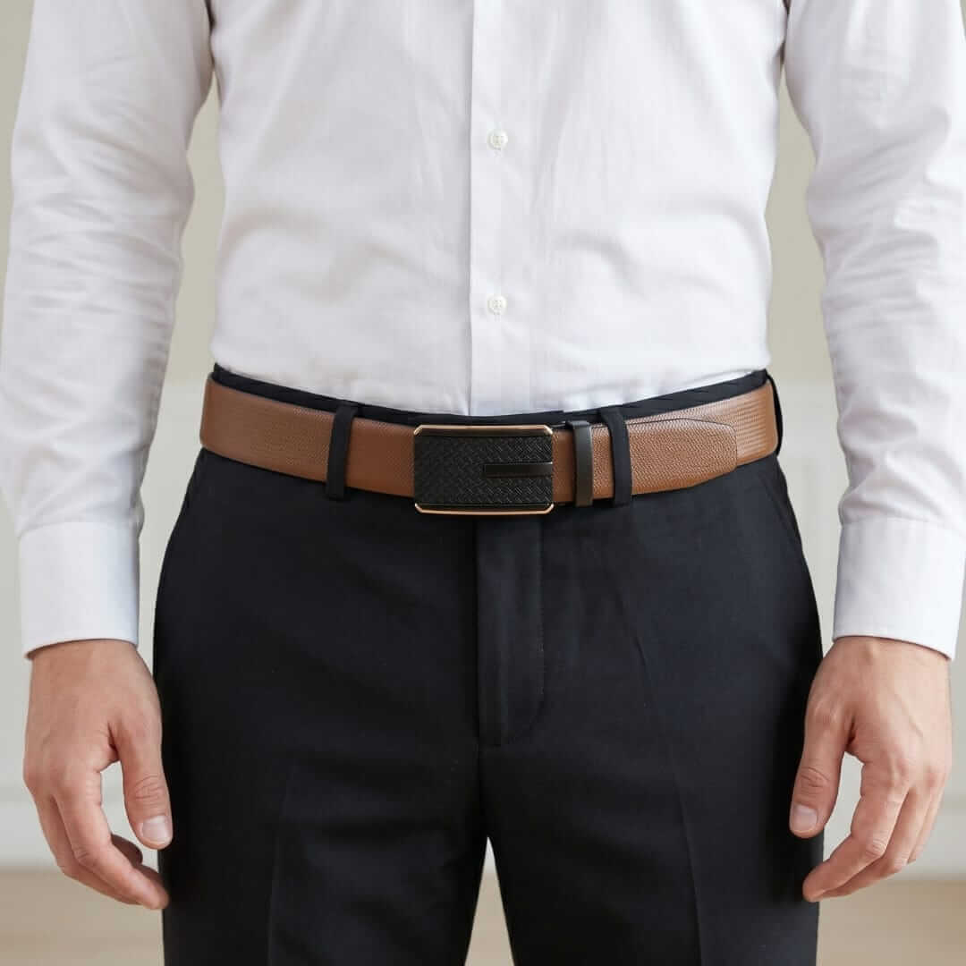 Mens 100% Genuine Leather Belt - SIGNORA Micro-Grain, KRYPT Basket-Weave Auto-Lock Buckle (Brown & Black Reversible) — Leather Belts for Men | THE MEN THING