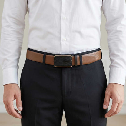Mens 100% Genuine Leather Belt - SIGNORA Micro-Grain, KRYPT Basket-Weave Auto-Lock Buckle (Brown & Black Reversible) — Leather Belts for Men | THE MEN THING