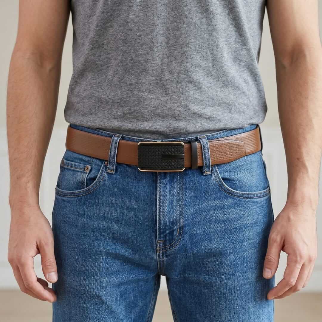 Mens 100% Genuine Leather Belt - SIGNORA Micro-Grain, KRYPT Basket-Weave Auto-Lock Buckle (Brown & Black Reversible) — Leather Belts for Men | THE MEN THING