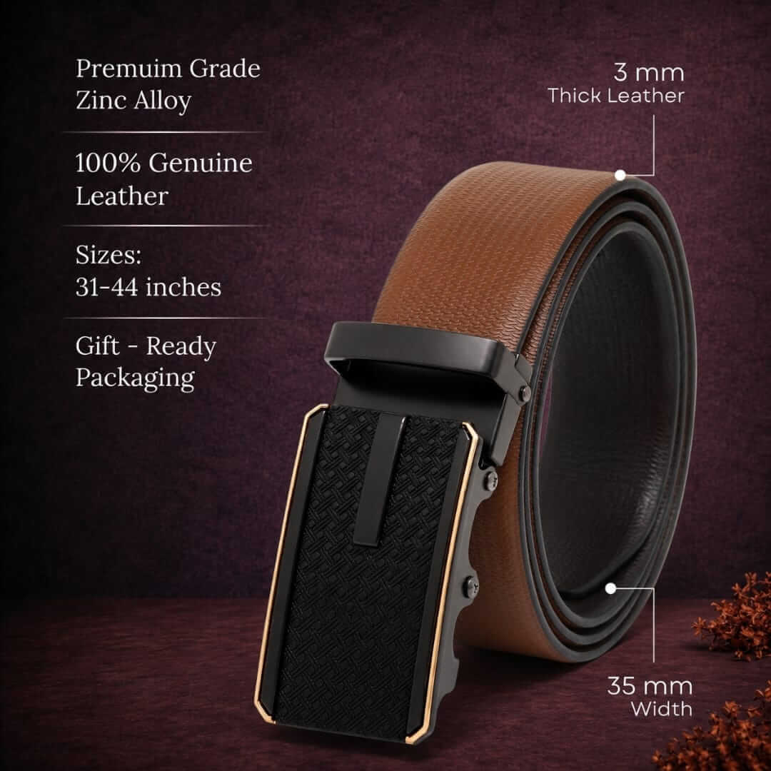 Mens 100% Genuine Leather Belt - SIGNORA Micro-Grain, KRYPT Basket-Weave Auto-Lock Buckle (Brown & Black Reversible) — Leather Belts for Men | THE MEN THING