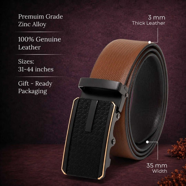Mens 100% Genuine Leather Belt - SIGNORA Micro-Grain, KRYPT Basket-Weave Auto-Lock Buckle (Brown & Black Reversible)