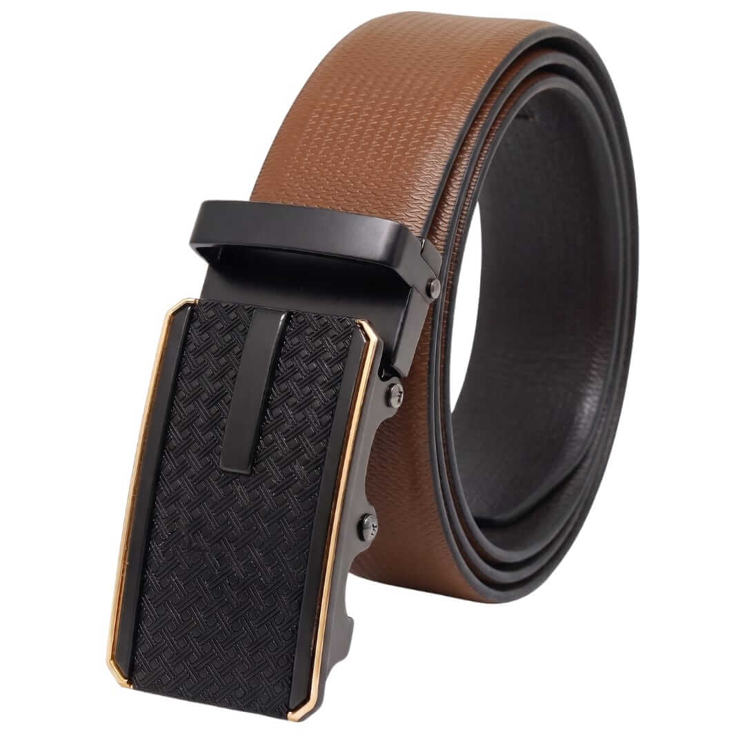 Mens 100% Genuine Leather Belt - SIGNORA Micro-Grain, KRYPT Basket-Weave Auto-Lock Buckle (Brown & Black Reversible) — Leather Belts for Men | THE MEN THING