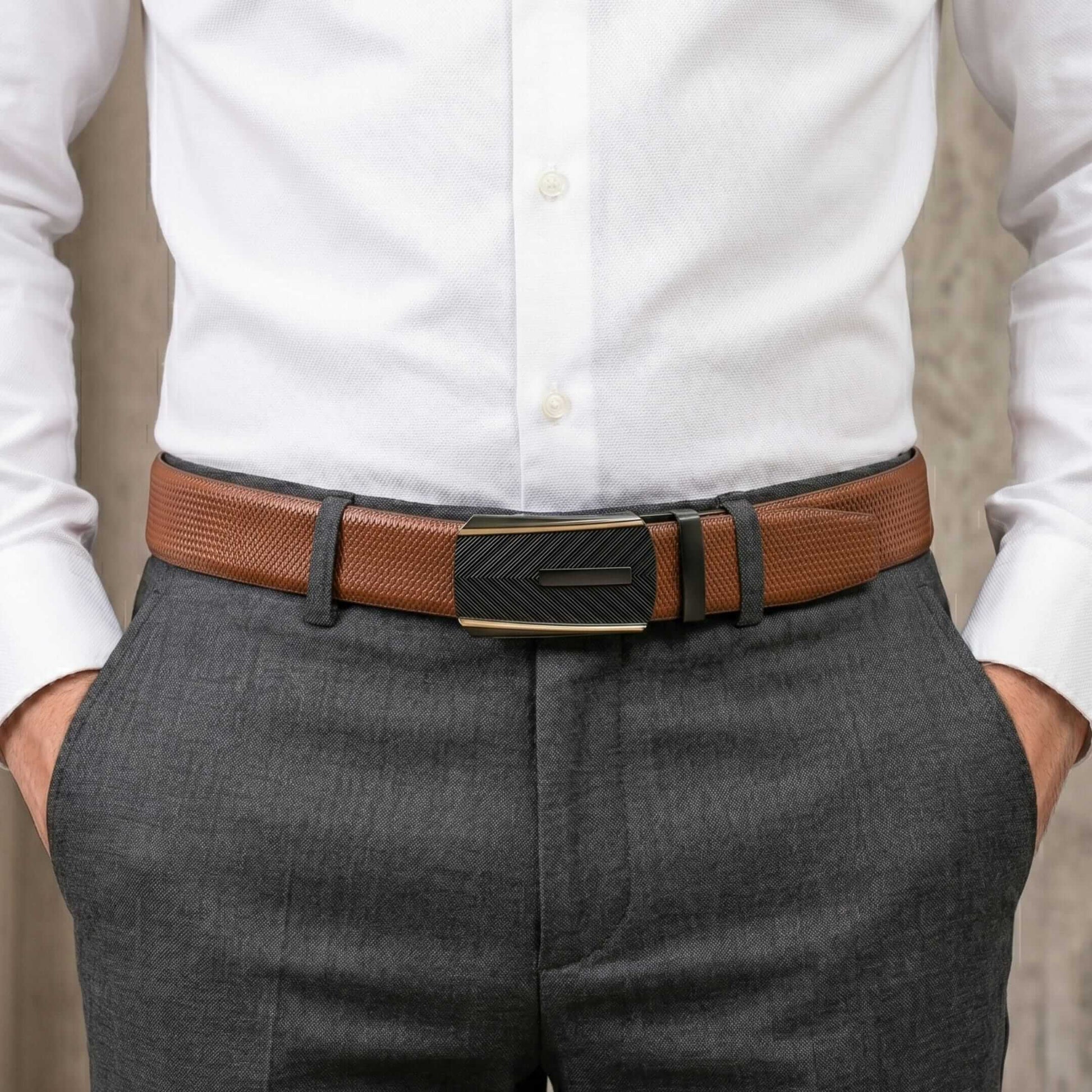 Mens 100% Genuine Leather Belt - SIGNORA Micro-Grain, REGALIX Textured Auto-Lock Buckle (Brown & Black Reversible) — Leather Belts for Men | THE MEN THING