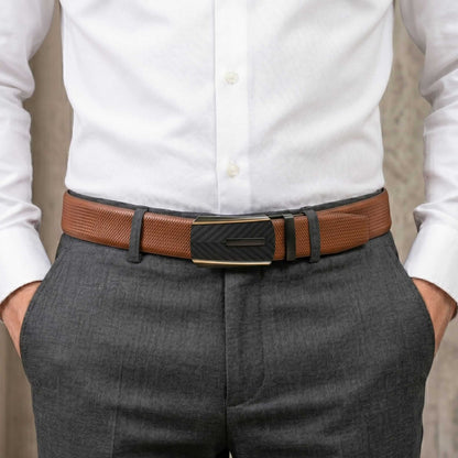 Mens 100% Genuine Leather Belt - SIGNORA Micro-Grain, REGALIX Textured Auto-Lock Buckle (Brown & Black Reversible) — Leather Belts for Men | THE MEN THING
