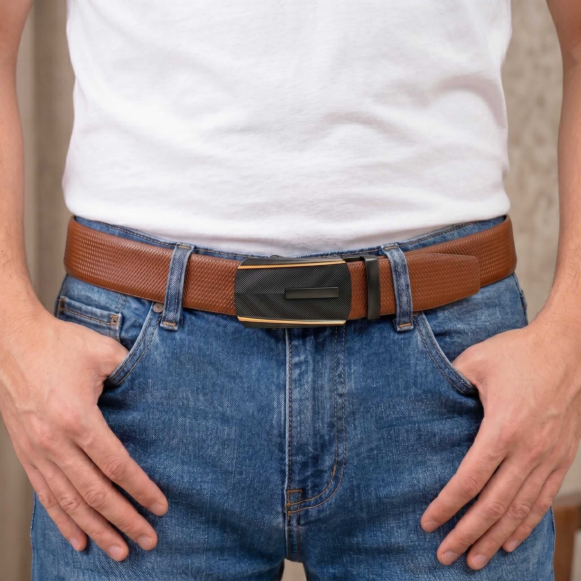 Mens 100% Genuine Leather Belt - SIGNORA Micro-Grain, REGALIX Textured Auto-Lock Buckle (Brown & Black Reversible) — Leather Belts for Men | THE MEN THING