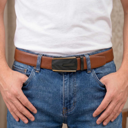 Mens 100% Genuine Leather Belt - SIGNORA Micro-Grain, REGALIX Textured Auto-Lock Buckle (Brown & Black Reversible) — Leather Belts for Men | THE MEN THING