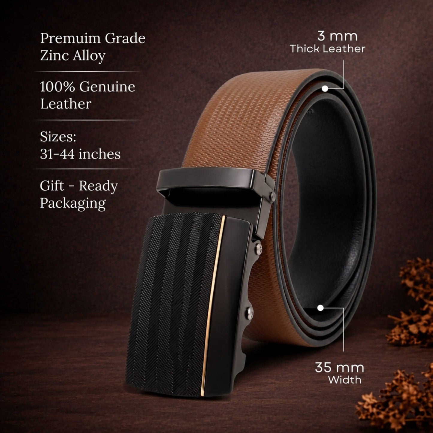 Mens 100% Genuine Leather Belt - SIGNORA Micro-Grain, RATCHON Pinstripe Auto-Lock Buckle (Brown & Black Reversible) — Leather Belts for Men | THE MEN THING