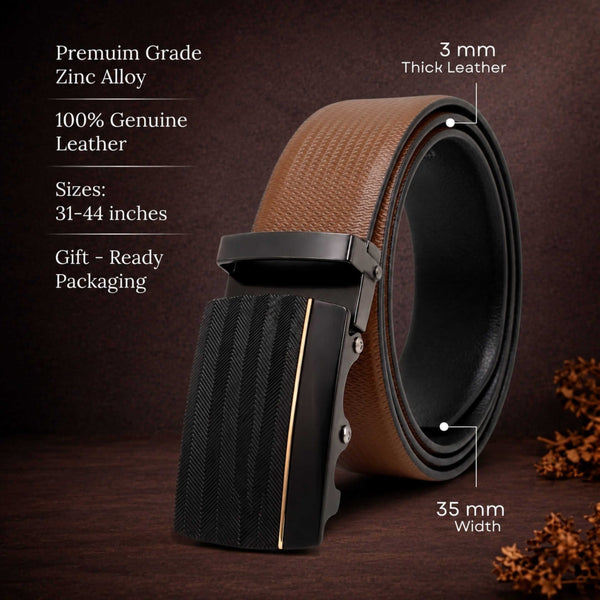 Mens 100% Genuine Leather Belt - SIGNORA Micro-Grain, RATCHON Pinstripe Auto-Lock Buckle (Brown & Black Reversible)