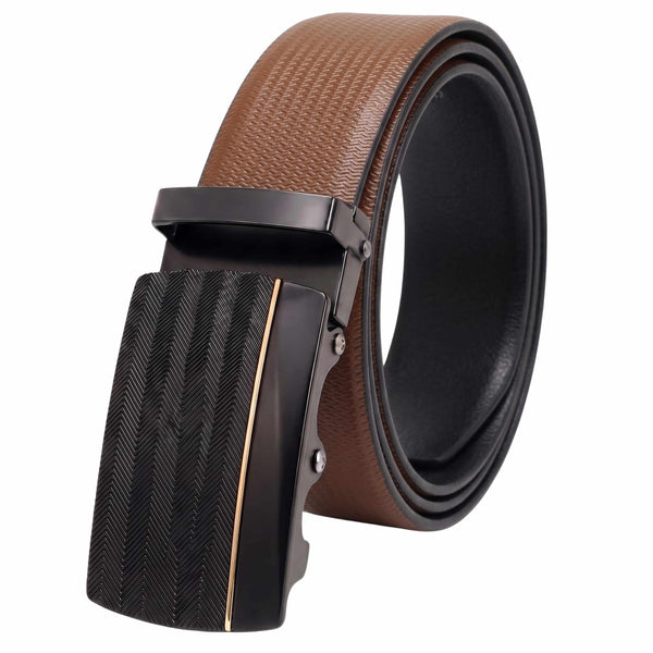 Mens 100% Genuine Leather Belt - SIGNORA Micro-Grain, RATCHON Pinstripe Auto-Lock Buckle (Brown & Black Reversible)