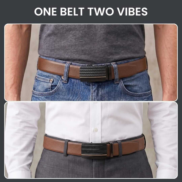 Mens 100% Genuine Leather Belt - SIGNORA Micro-Grain, RATCHON Pinstripe Auto-Lock Buckle (Brown & Black Reversible)