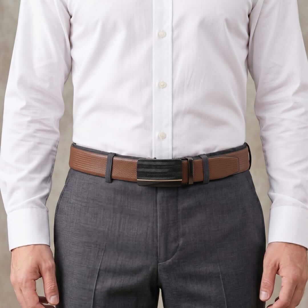 Mens 100% Genuine Leather Belt - SIGNORA Micro-Grain, RATCHON Pinstripe Auto-Lock Buckle (Brown & Black Reversible) — Leather Belts for Men | THE MEN THING
