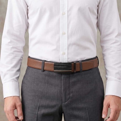 Mens 100% Genuine Leather Belt - SIGNORA Micro-Grain, RATCHON Pinstripe Auto-Lock Buckle (Brown & Black Reversible) — Leather Belts for Men | THE MEN THING