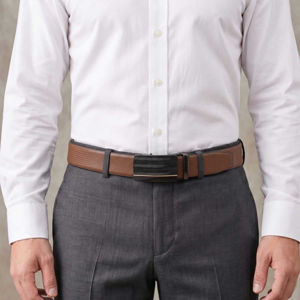 Mens 100% Genuine Leather Belt - SIGNORA Micro-Grain, RATCHON Pinstripe Auto-Lock Buckle (Brown & Black Reversible)