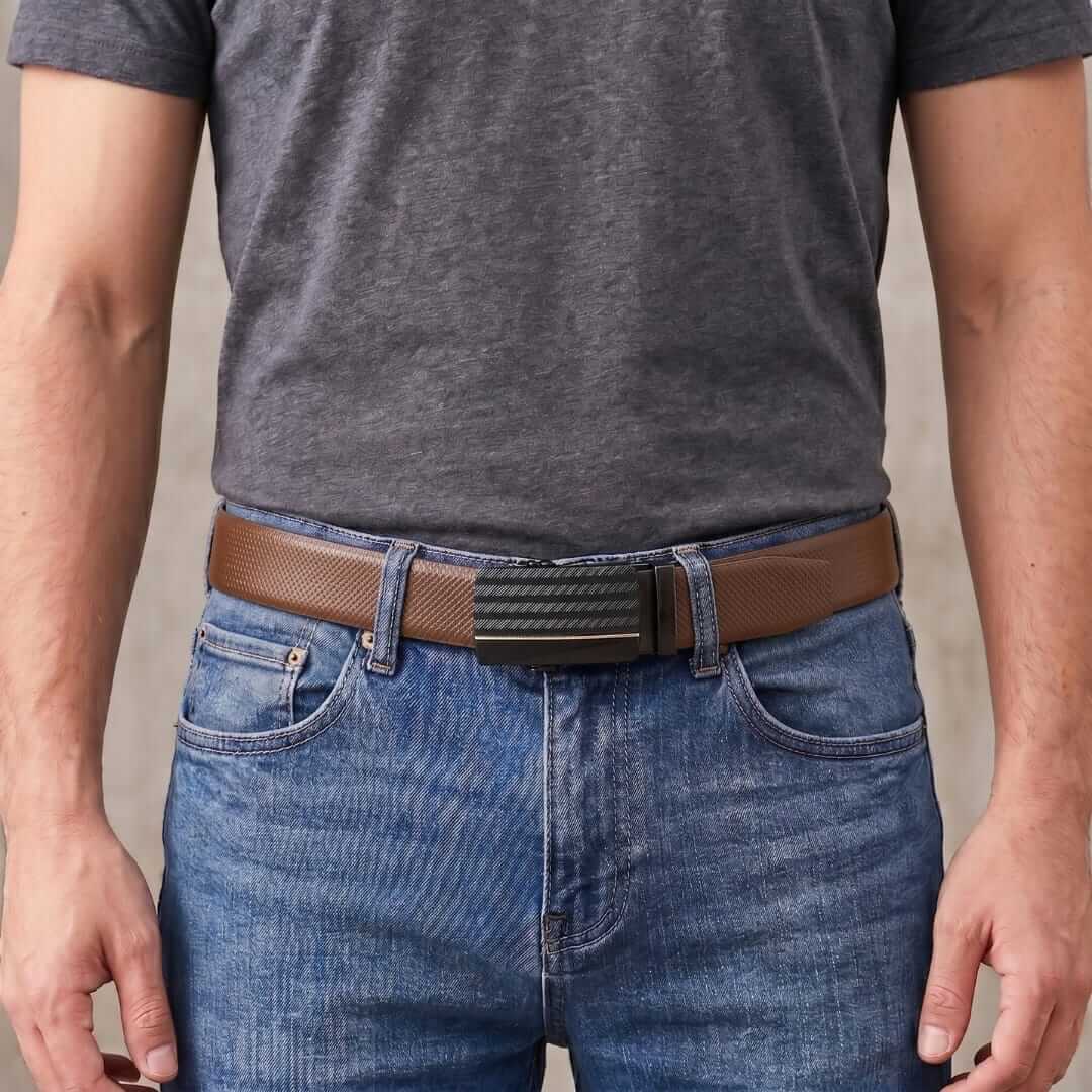 Mens 100% Genuine Leather Belt - SIGNORA Micro-Grain, RATCHON Pinstripe Auto-Lock Buckle (Brown & Black Reversible) — Leather Belts for Men | THE MEN THING