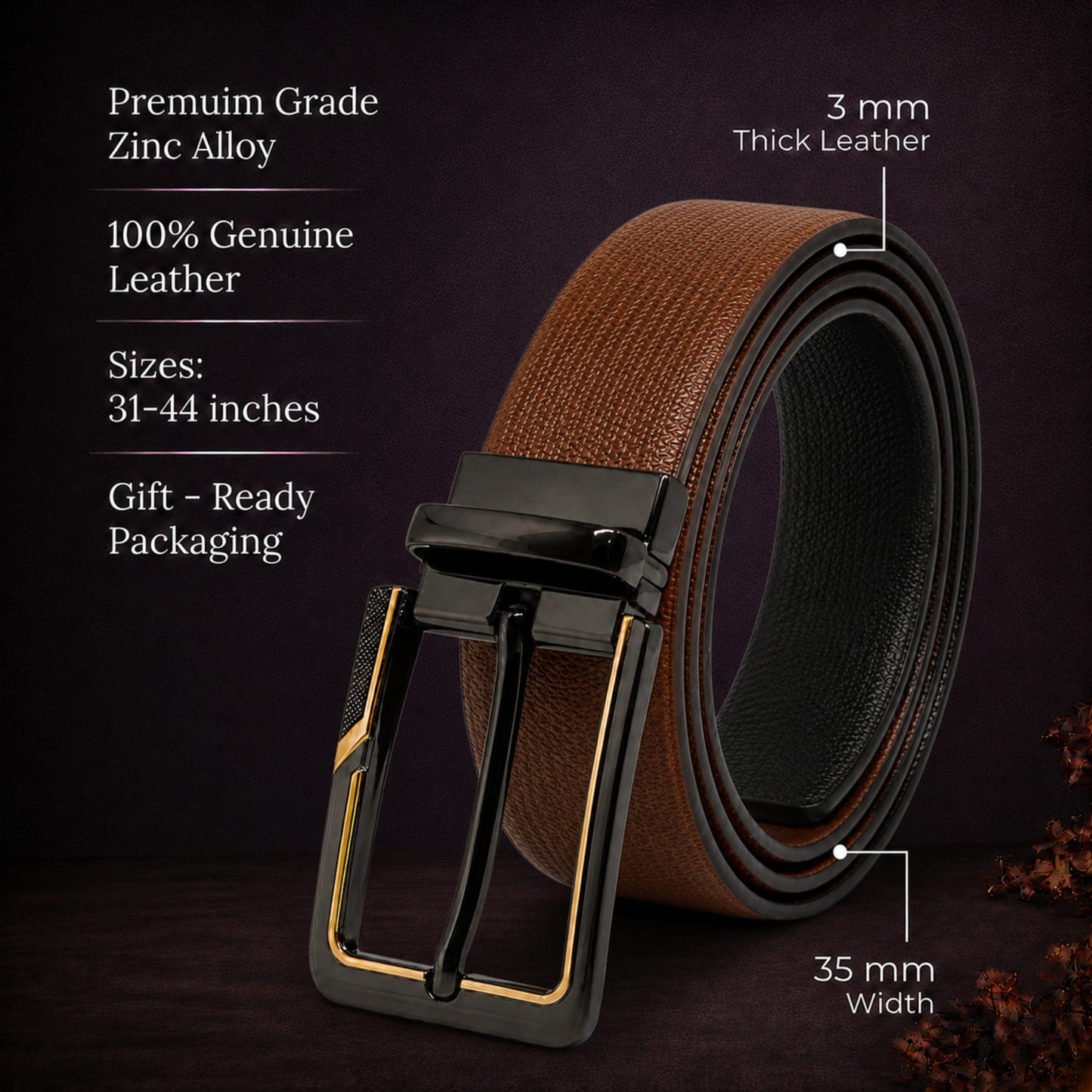 THE MEN THING Leather Belts Mens Genuine Leather Belt | 2 in 1 Reversible (Brown & Black) (1 Pc.) - SIGNORA -BRAVIX