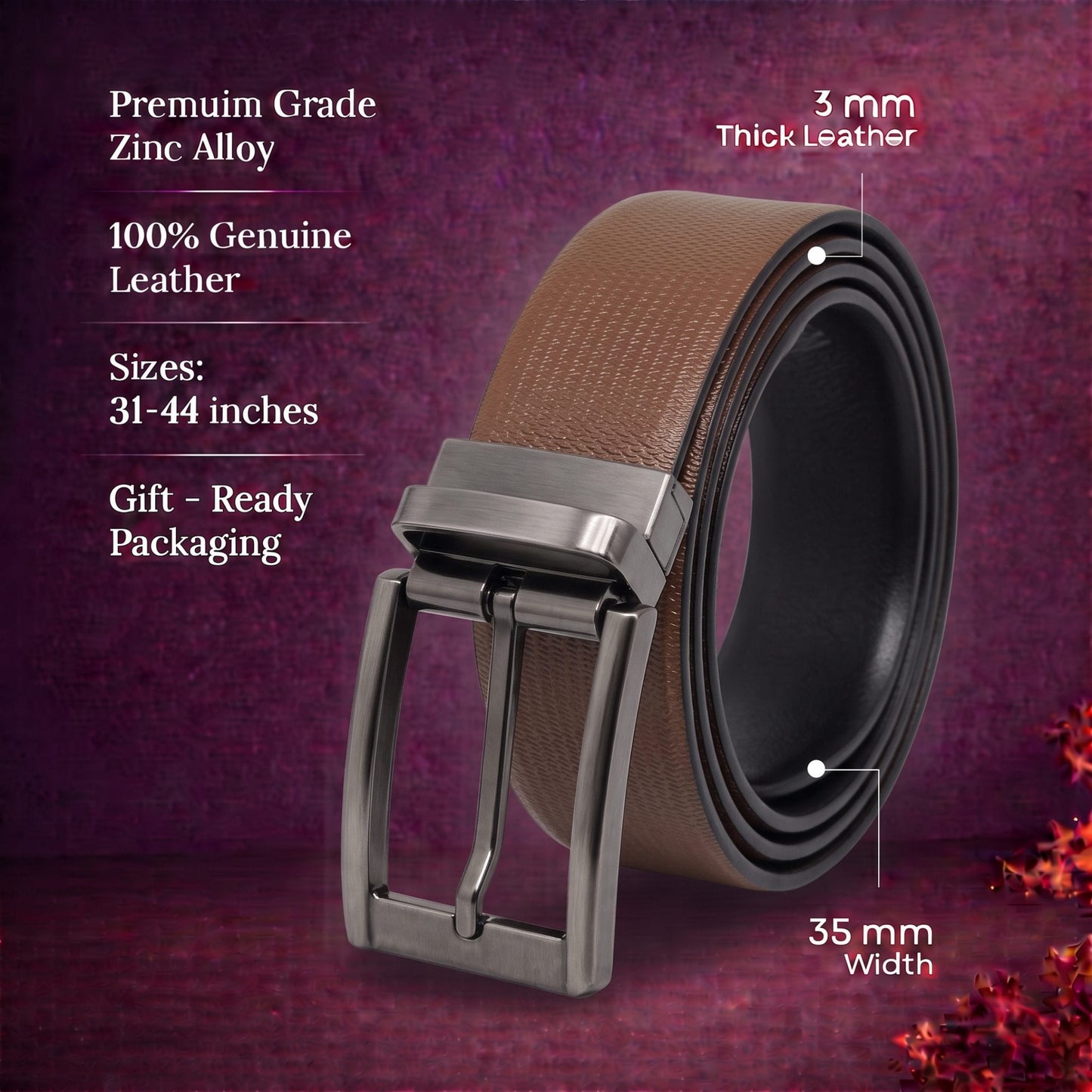 THE MEN THING Leather Belts Mens Genuine Leather Belt | 2 in 1 Reversible (Brown & Black) (1 Pc.) - SIGNORA -PIVOT
