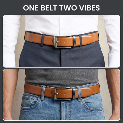 Mens 100% Genuine Leather Belt - VELARO Smooth Matte, AXIOM Polished Pin Buckle (Brown & Black Reversible) — Leather Belts for Men | THE MEN THING