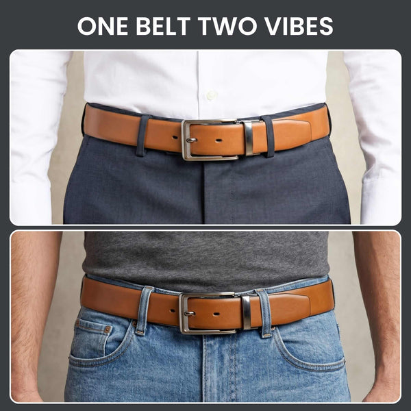 Mens 100% Genuine Leather Belt - VELARO Smooth Matte, AXIOM Polished Pin Buckle (Brown & Black Reversible)