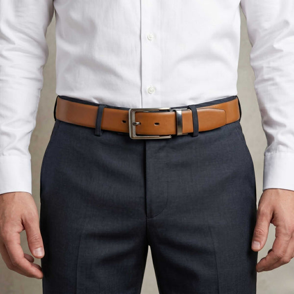 Mens 100% Genuine Leather Belt - VELARO Smooth Matte, AXIOM Polished Pin Buckle (Brown & Black Reversible)