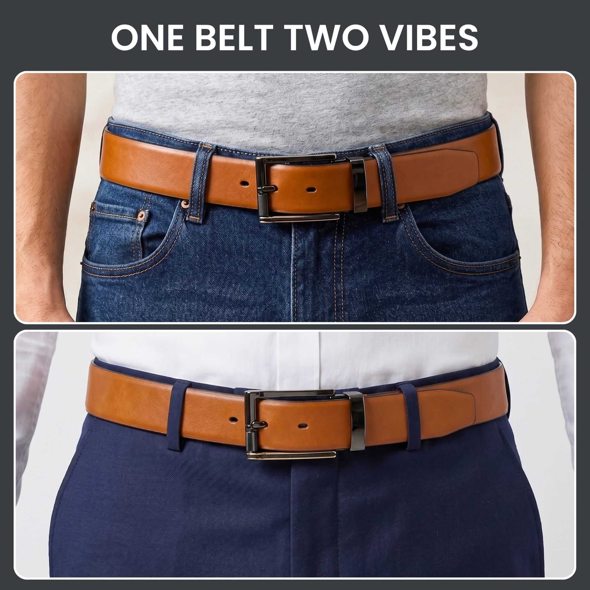 Mens 100% Genuine Leather Belt - VELARO Smooth Matte, TORIX Brushed Bronze Pin Buckle (Brown & Black Reversible) — Leather Belts for Men | THE MEN THING