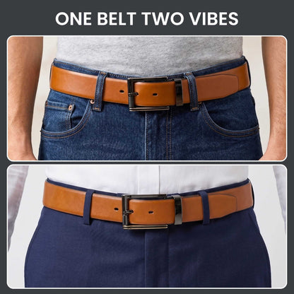 Mens 100% Genuine Leather Belt - VELARO Smooth Matte, TORIX Brushed Bronze Pin Buckle (Brown & Black Reversible) — Leather Belts for Men | THE MEN THING