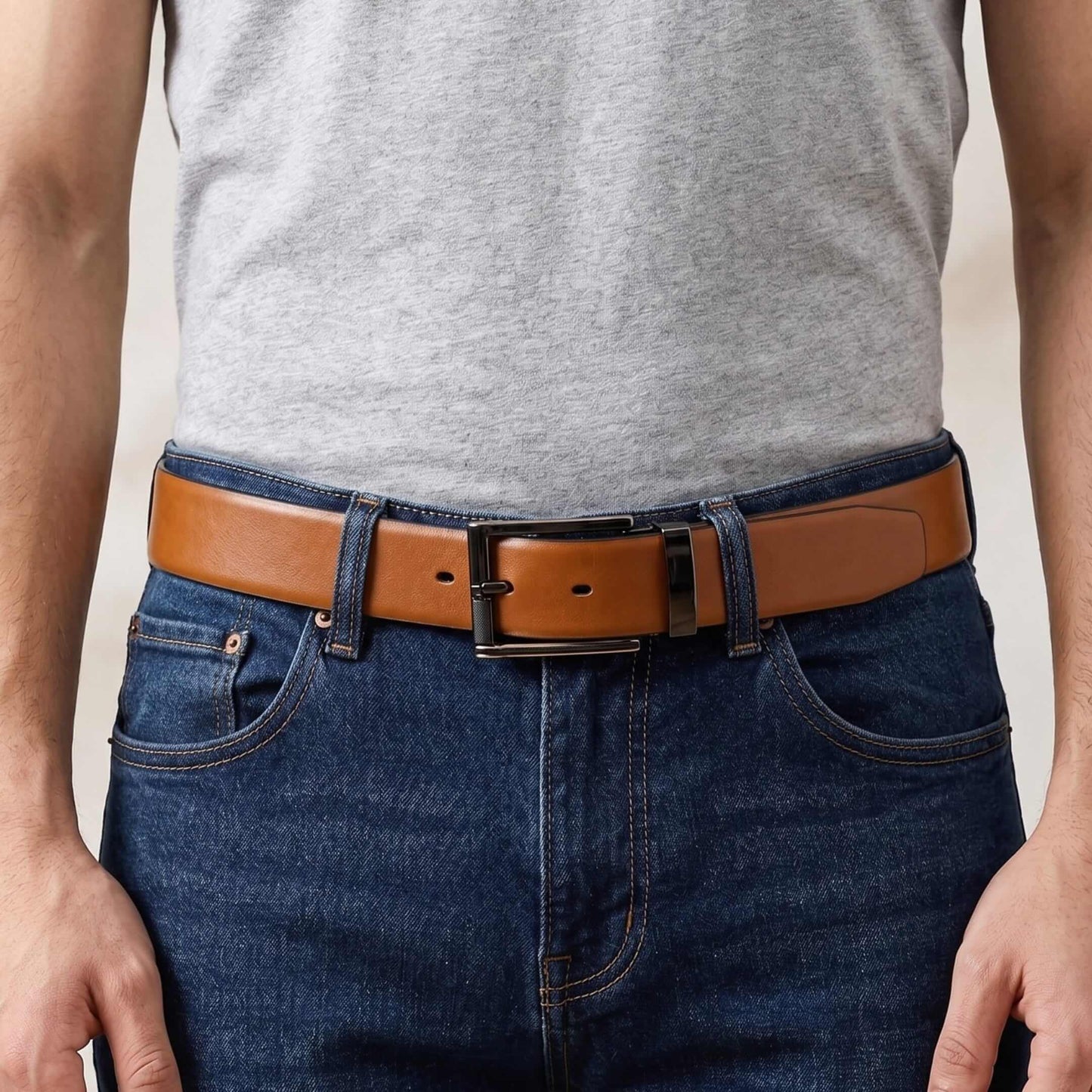 Mens 100% Genuine Leather Belt - VELARO Smooth Matte, TORIX Brushed Bronze Pin Buckle (Brown & Black Reversible) — Leather Belts for Men | THE MEN THING