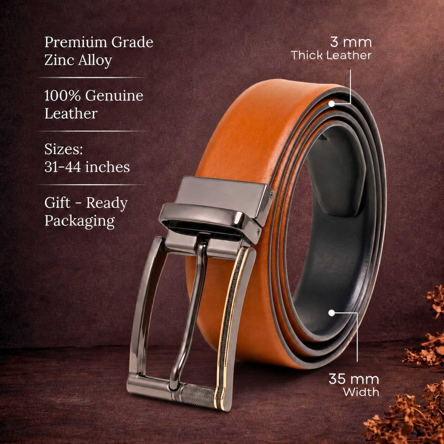 Mens 100% Genuine Leather Belt - VELARO Smooth Matte, TORIX Brushed Bronze Pin Buckle (Brown & Black Reversible) — Leather Belts for Men | THE MEN THING