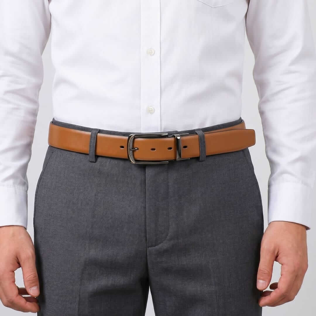 Mens 100% Genuine Leather Belt - VELARO Smooth Matte, ARQON Gold-Trim Gunmetal Pin Buckle (Brown & Black Reversible) — Leather Belts for Men | THE MEN THING