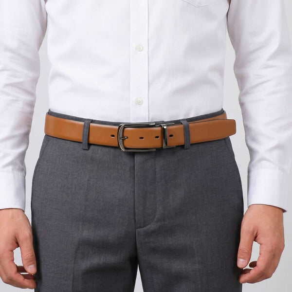 Mens 100% Genuine Leather Belt - VELARO Smooth Matte, ARQON Gold-Trim Gunmetal Pin Buckle (Brown & Black Reversible)
