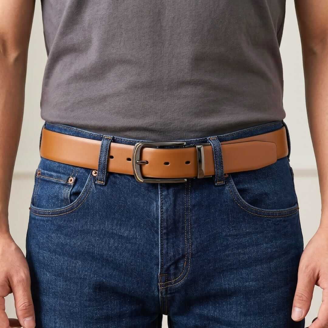 Mens 100% Genuine Leather Belt - VELARO Smooth Matte, ARQON Gold-Trim Gunmetal Pin Buckle (Brown & Black Reversible) — Leather Belts for Men | THE MEN THING