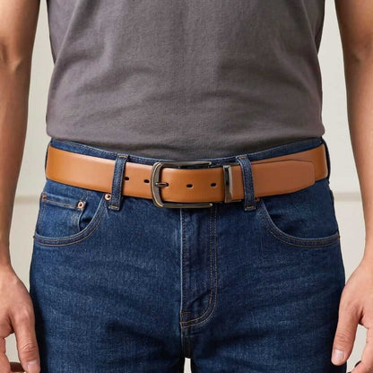 Mens 100% Genuine Leather Belt - VELARO Smooth Matte, ARQON Gold-Trim Gunmetal Pin Buckle (Brown & Black Reversible) — Leather Belts for Men | THE MEN THING