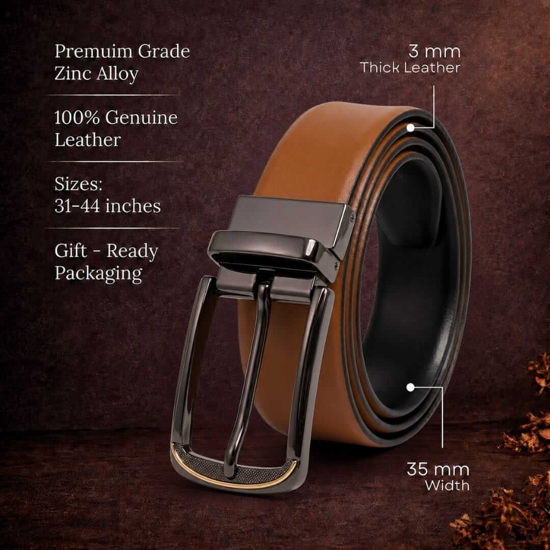 Mens 100% Genuine Leather Belt - VELARO Smooth Matte, ARQON Gold-Trim Gunmetal Pin Buckle (Brown & Black Reversible) — Leather Belts for Men | THE MEN THING